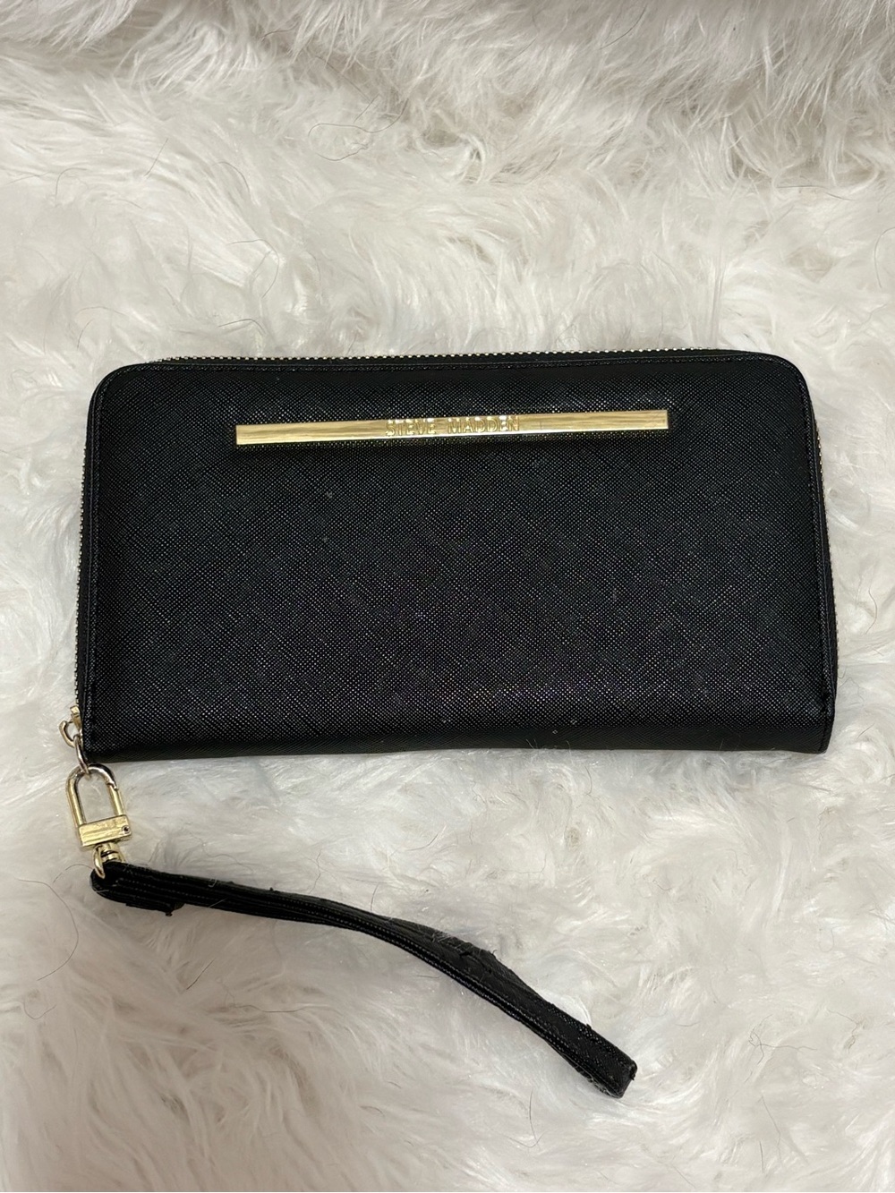 Black Leather Wristlet Wallet with Gold Accent